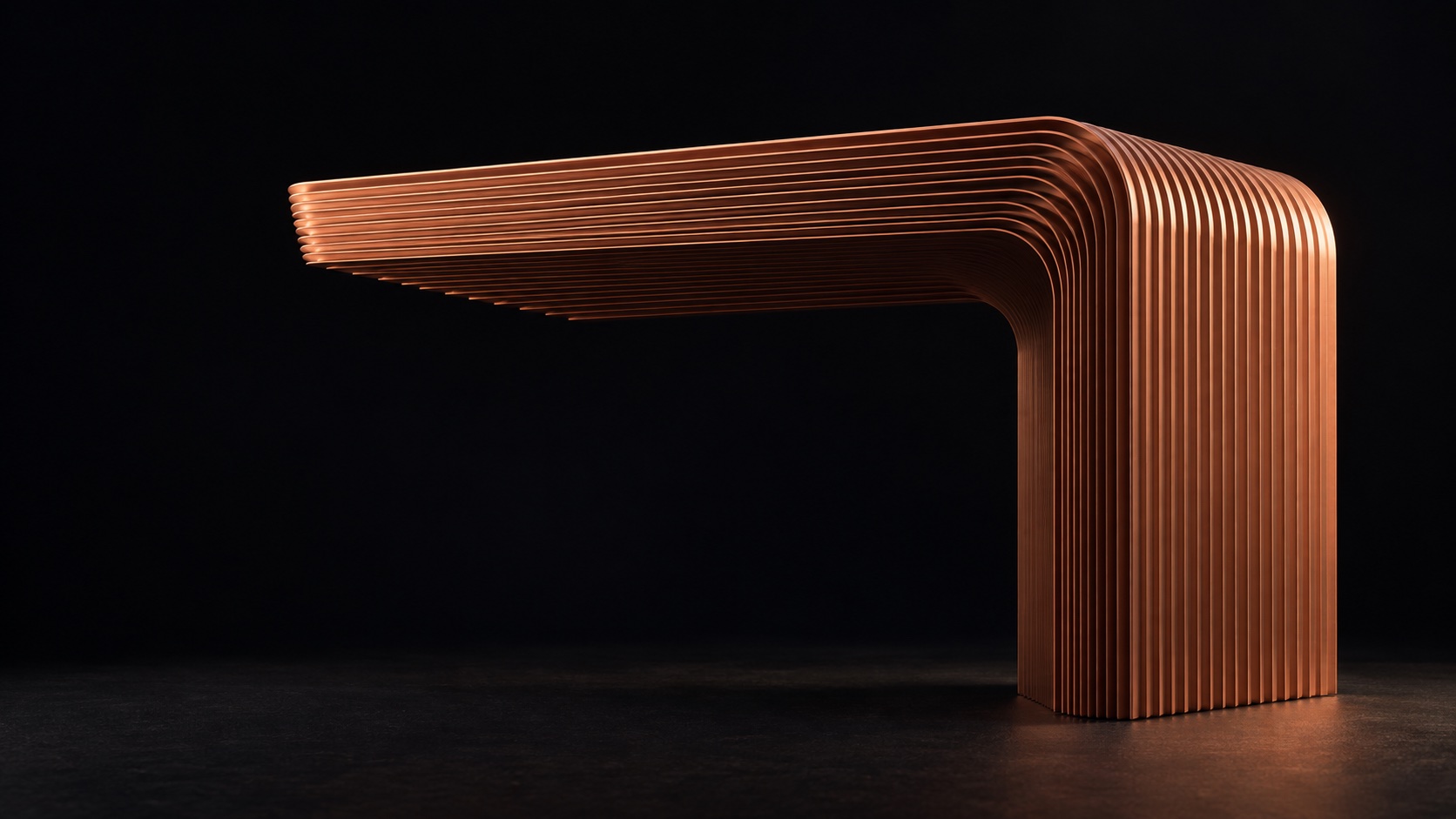 Closely layered copper plates bend from an upright support into a broad cantilevered canopy.