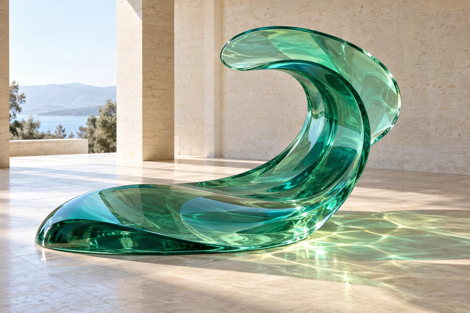 Eine einzelne dicke Scheibe aus transparentem jadefarbenem Glas schwingt nach oben zu einer offenen Welle und bricht das Sonnenlicht auf den Boden eines Pavillons aus hellem Kalkstein.