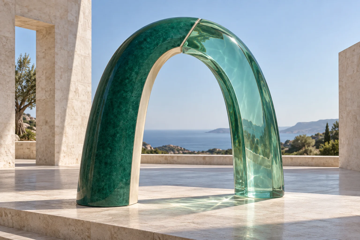 Un arco vertical une cerámica esmaltada de color jade intenso con vidrio transparente de color jade sobre una plataforma de piedra caliza, donde la luz del sol refractada por el vidrio proyecta un dibujo luminoso.