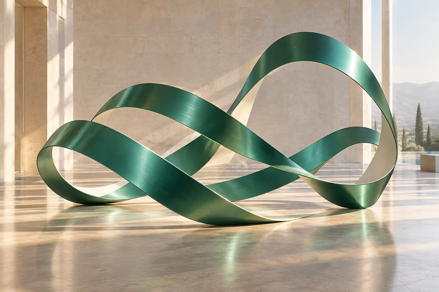 Breite jadefarbene Metallbänder verweben sich auf verschiedenen Höhen in einer Galerie aus hellem Stein zu einem offenen, aufeinander abgestimmten Skulpturenensemble.