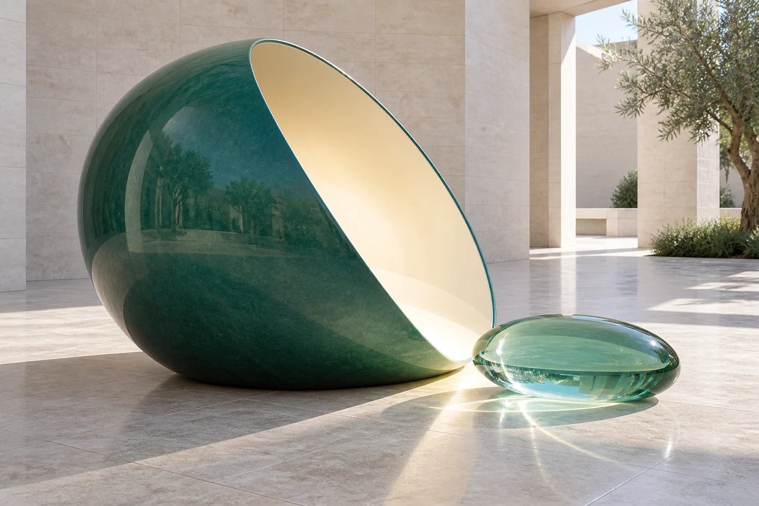 A jade ceramic shell opens to reveal a pale interior, with a separate translucent jade lens catching daylight beside it.