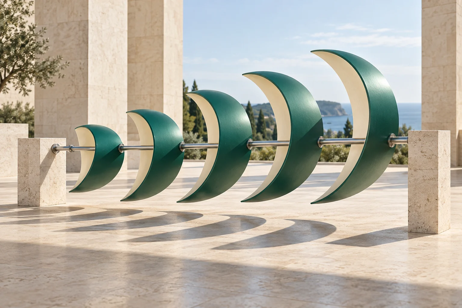 Jade and ivory crescent forms of increasing size sit along a polished horizontal axis between limestone mounts in a sunlit pavilion, casting curved shadows.
