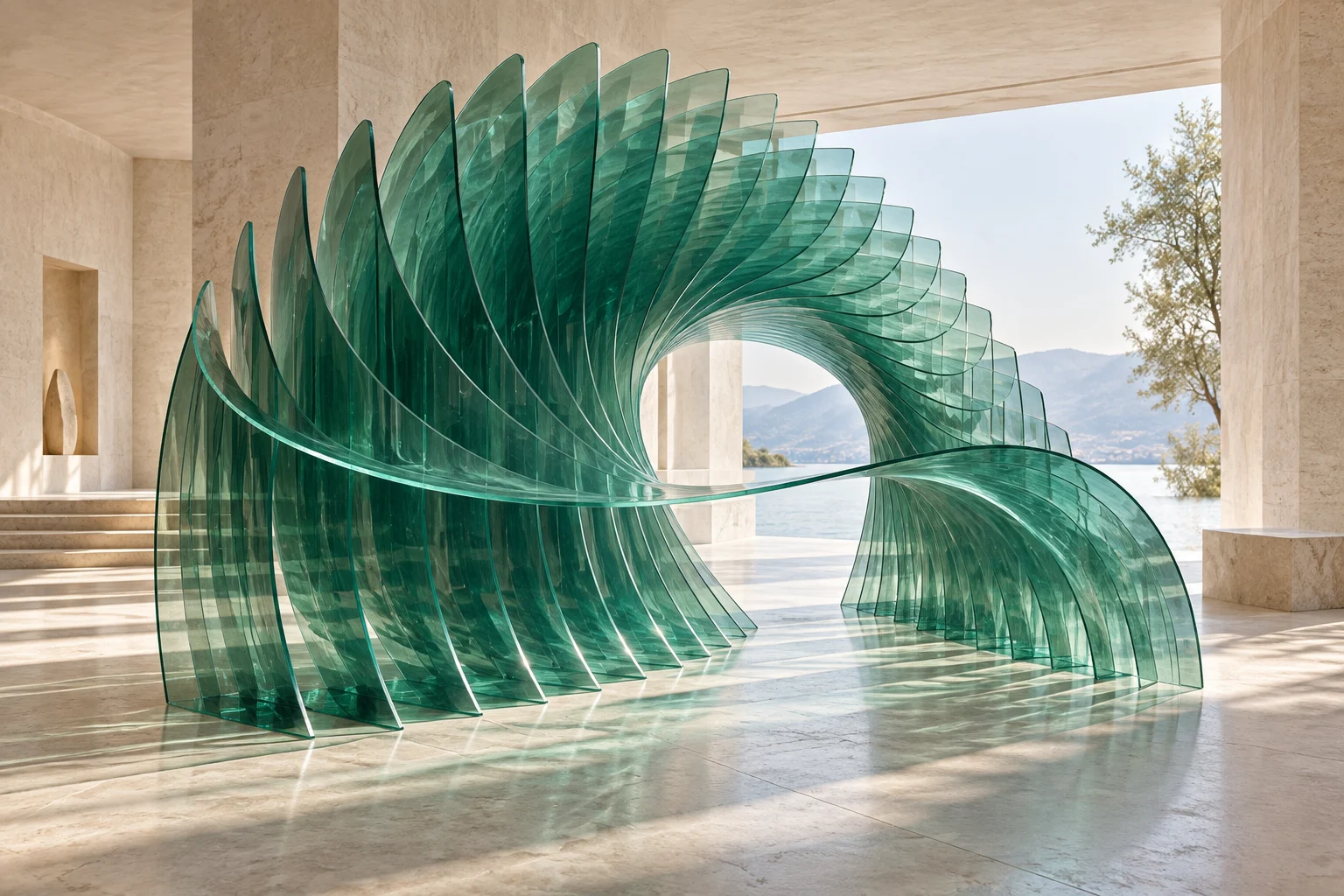 Curved translucent jade glass layers open around a continuous passage, with daylight refracting onto a pale stone floor.