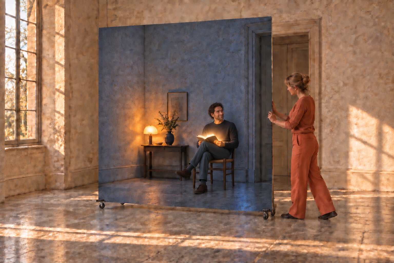 A woman dressed in coral exchanges a glance with a seated reader inside a blue panel. Light from his open book illuminates his hands and face, within a sunlit room.
