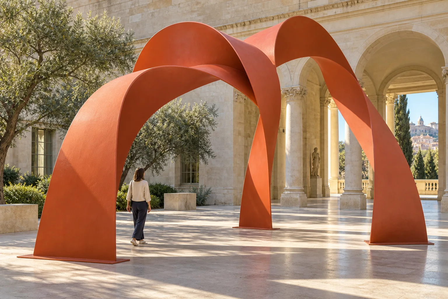 Una persona camina bajo amplios arcos retorcidos de color coral en un patio de piedra caliza iluminado por el sol.