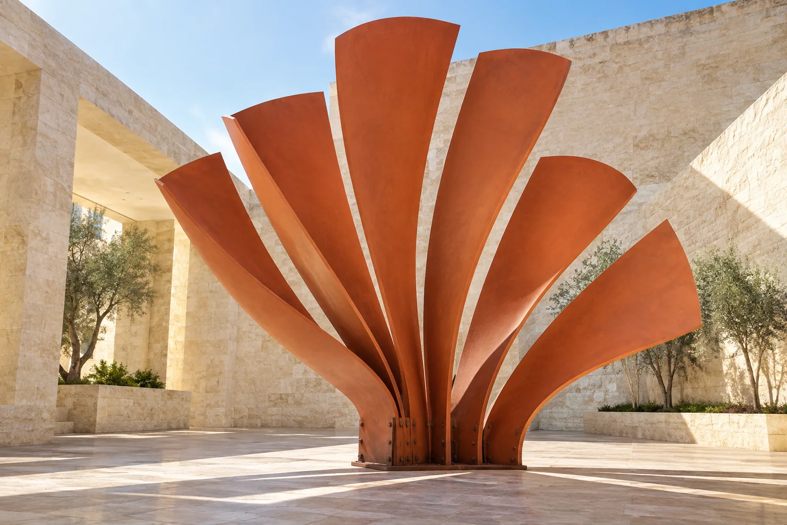 Curved coral metal fins fan out from a grounded central base in a luminous stone courtyard.