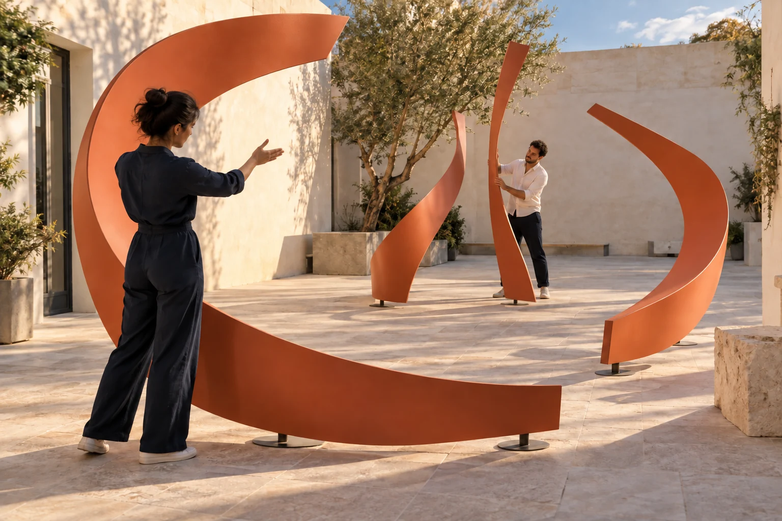 Two collaborators position sweeping coral sculptures in a sunlit courtyard.