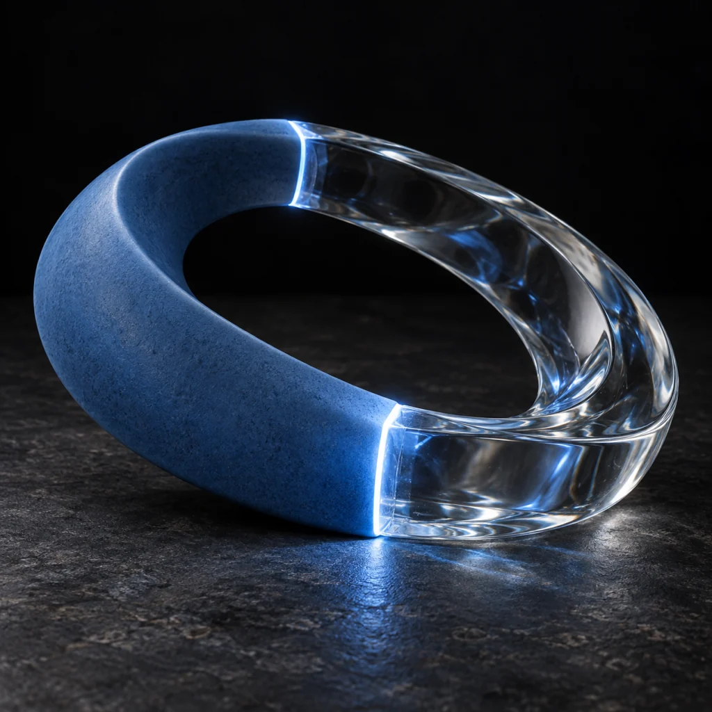 Blue ceramic and clear glass form a continuous sculptural loop, with light glowing at their two joined edges and reflecting onto the dark surface below.
