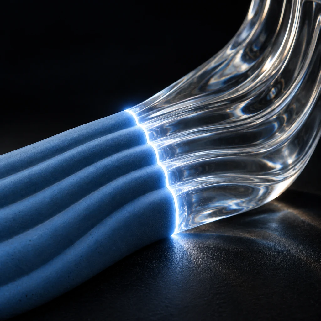 Une lumière blanc bleuté rayonne depuis la jonction profilée entre une céramique bleu mat et du verre transparent, éclairant les deux matériaux dont les nervures parallèles se prolongent de part et d’autre.