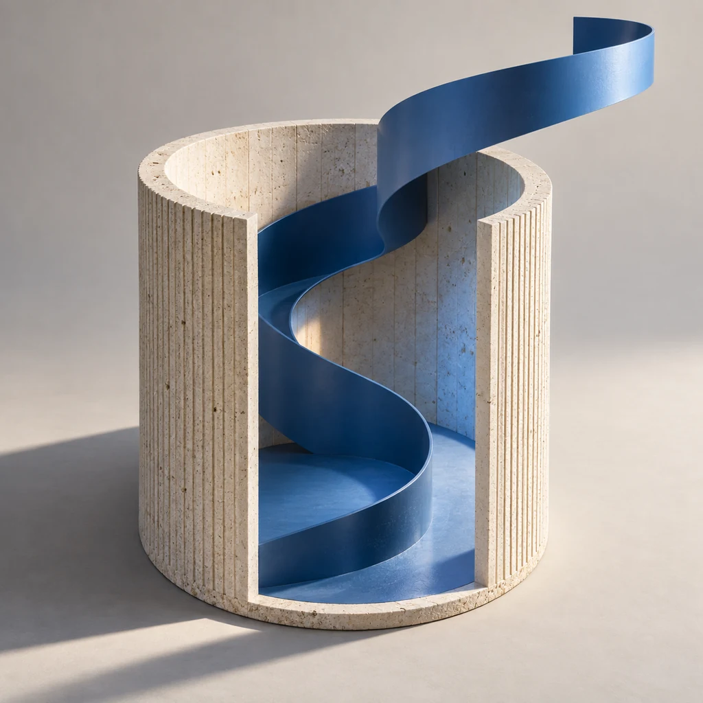 A sculptural model of an open, ribbed stone cylinder, with a blue metal spiral winding through its interior and extending above the retained shell.