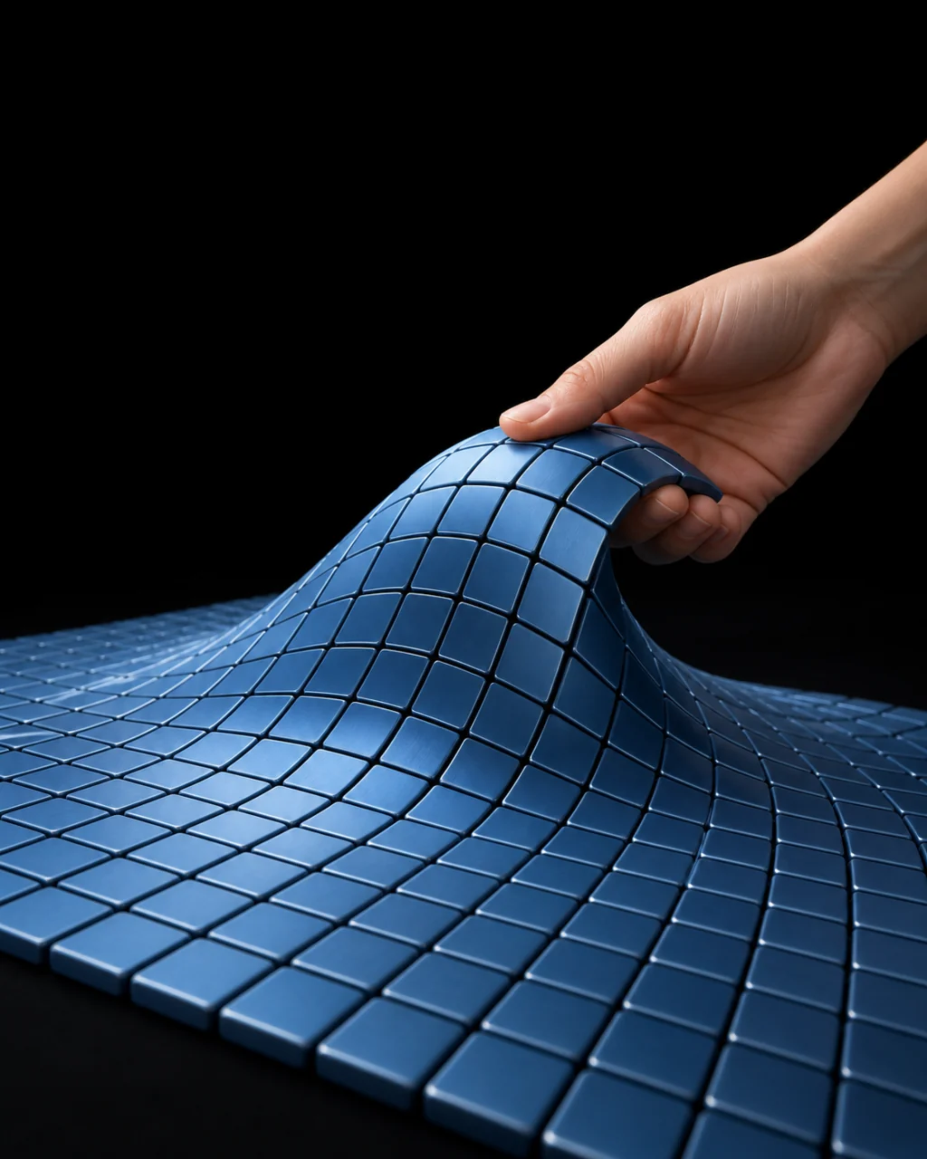 Una mano levanta suavemente una superficie flexible de pequeñas teselas de azul satinado y forma una onda suave y coordinada sobre un fondo negro.