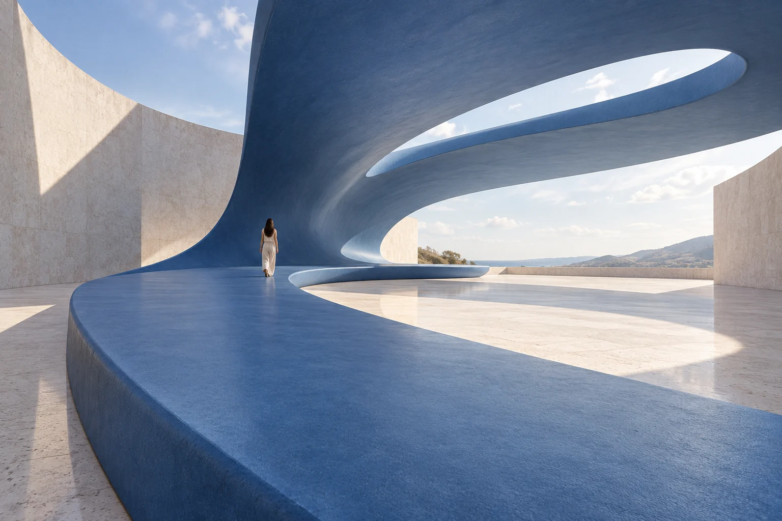 Eine Person folgt einer breiten blauen Promenade, die zu einem skulpturalen Dach aufschwingt und einen sonnenbeschienenen Steinhof zum Himmel öffnet.
