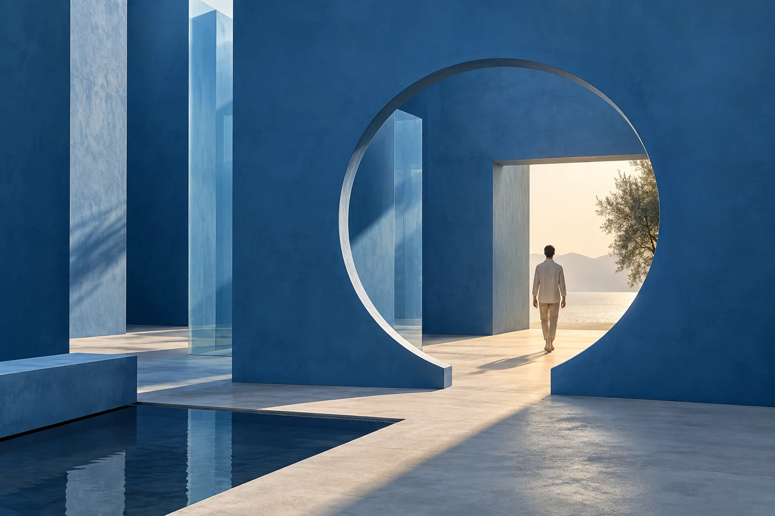 A person walks through a sunlit composition of blue architectural planes, circular and rectangular openings framing the path ahead.