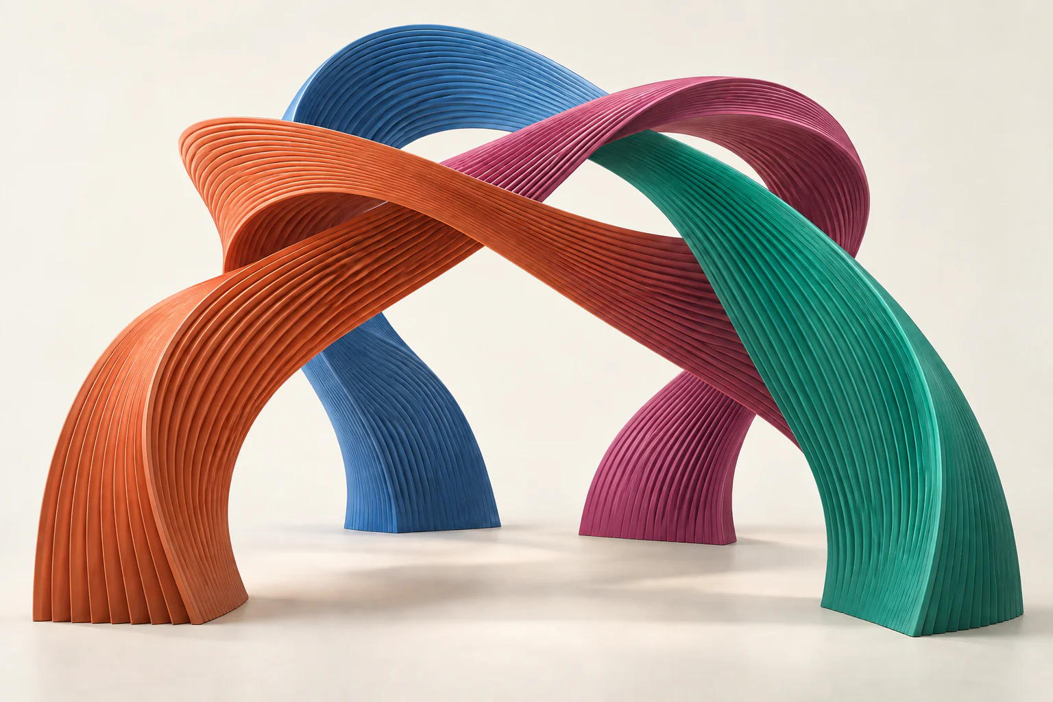 Four ribbed ceramic forms in coral, blue, raspberry and jade intertwine to create an open shared space, lit against an ivory background.