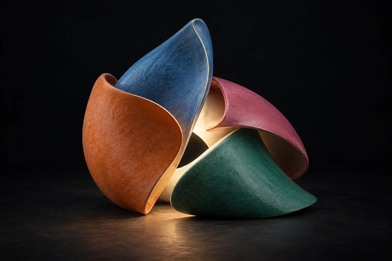 Four curved ceramic surfaces in the EurDesign colours open around a warm light, illuminating their inner edges against a dark background.