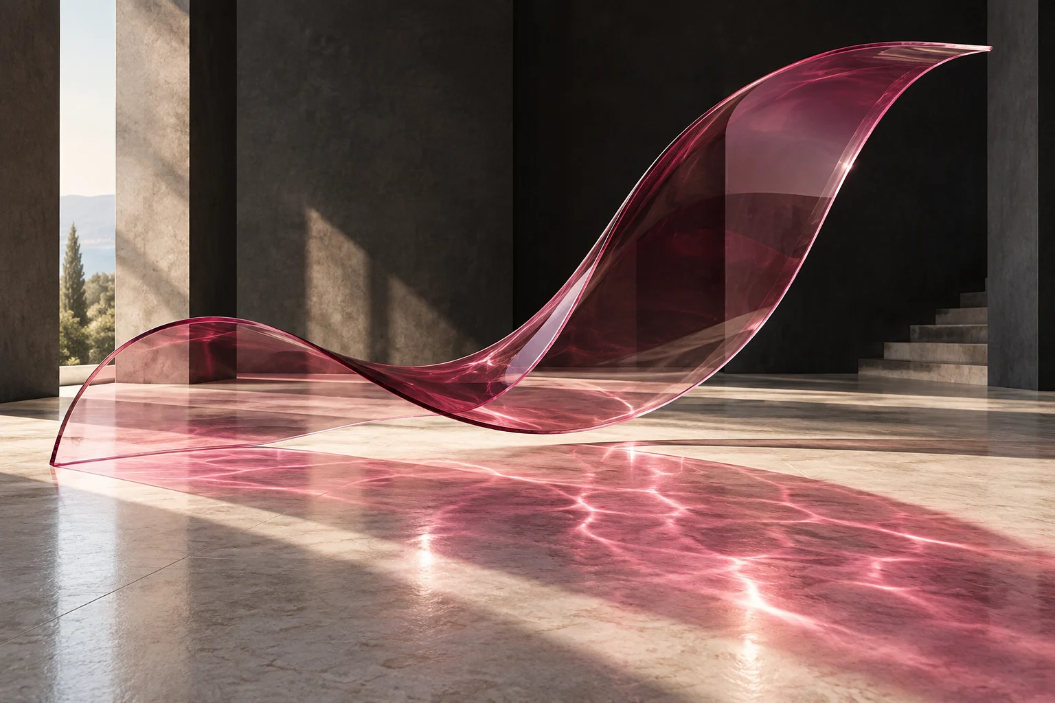A sweeping sheet of transparent raspberry glass rises through a sunlit architectural space, refracting vivid pink light across a pale stone floor.