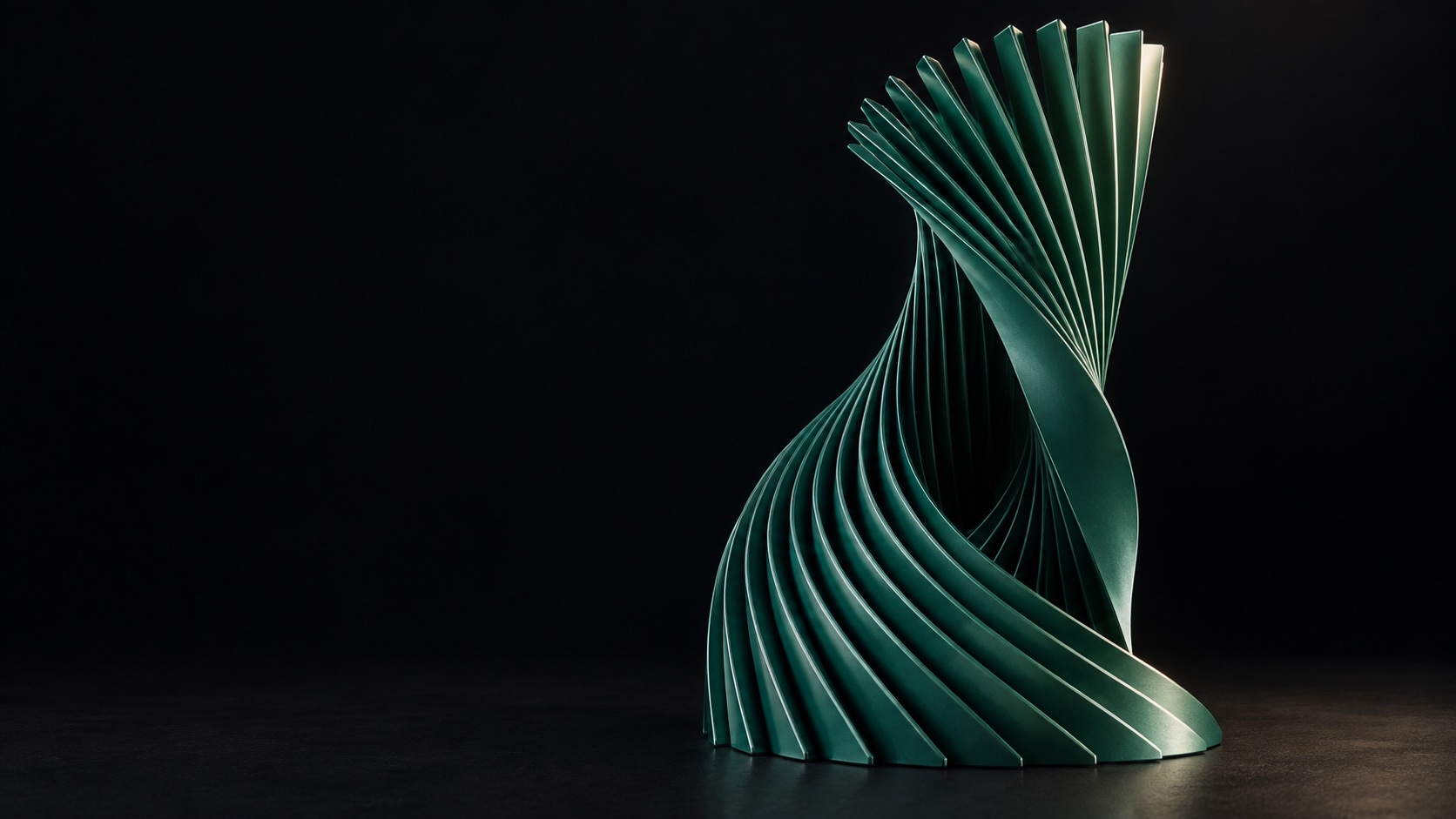 Jade metal fins twist upwards into an open fan, surrounding a deep central void.