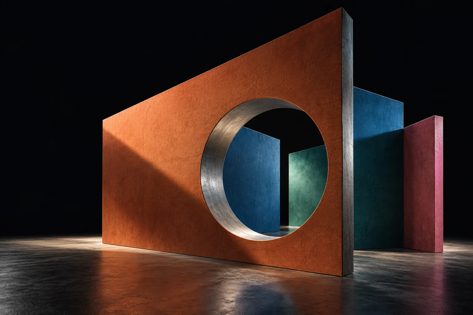 A monumental coral plane opens onto blue, jade and raspberry architectural forms, lit against a black stage.